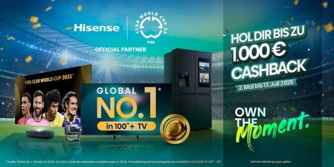 Mit der Cashback-Aktion von Hisense lässt sich pünktlich zur FIFA Klub-Weltmeisterschaft 2025[TM] bis zu 1.000 Euro sparen. / Weiterer Text über ots und www.presseportal.de/nr/168734 / Die Verwendung dieses Bildes für redaktionelle Zwecke ist unter Beachtung aller mitgeteilten Nutzungsbedingungen zulässig und dann auch honorarfrei. Veröffentlichung ausschließlich mit Bildrechte-Hinweis.